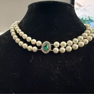 Pearl Double-Strand Choker with Green Crystal Accent
